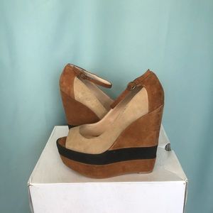 Black and Tan Mary Jane suede open toed wedges